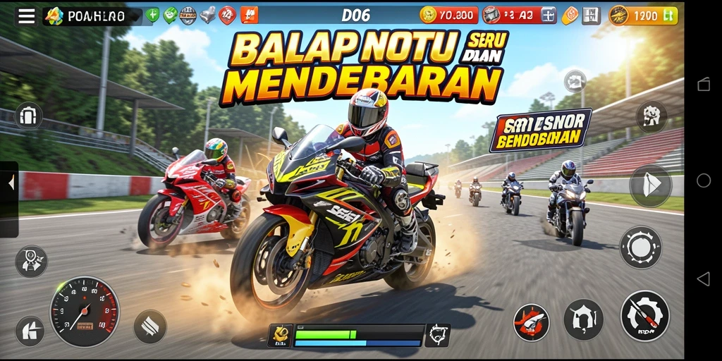 Tampilan gameplay D06 yang memukau dalam balapan motor.