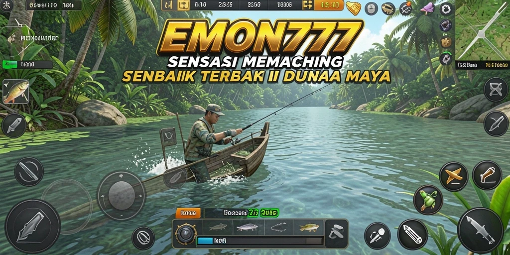 Tampilkan screenshot gameplay EMON777 yang seru dengan aksi memancing yang mendebarkan.