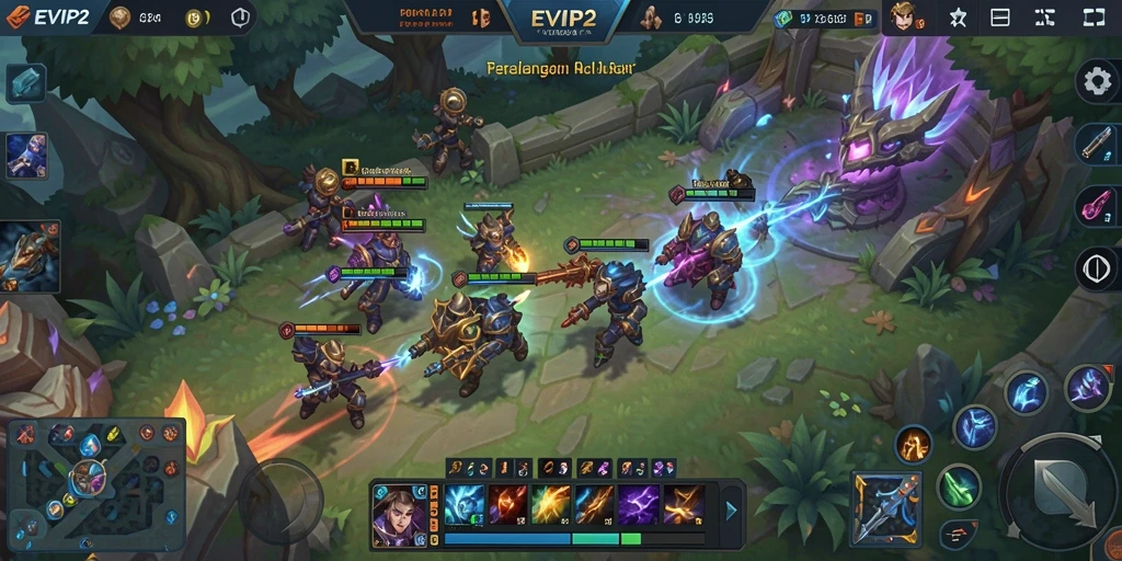 Tangkapan layar menampilkan aksi seru dalam permainan MOBA EVIP2.