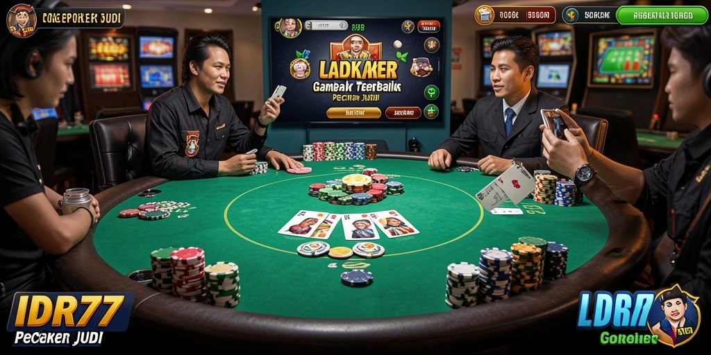 Tangkapan layar permainan IDR77 menampilkan suasana meja poker yang menegangkan.