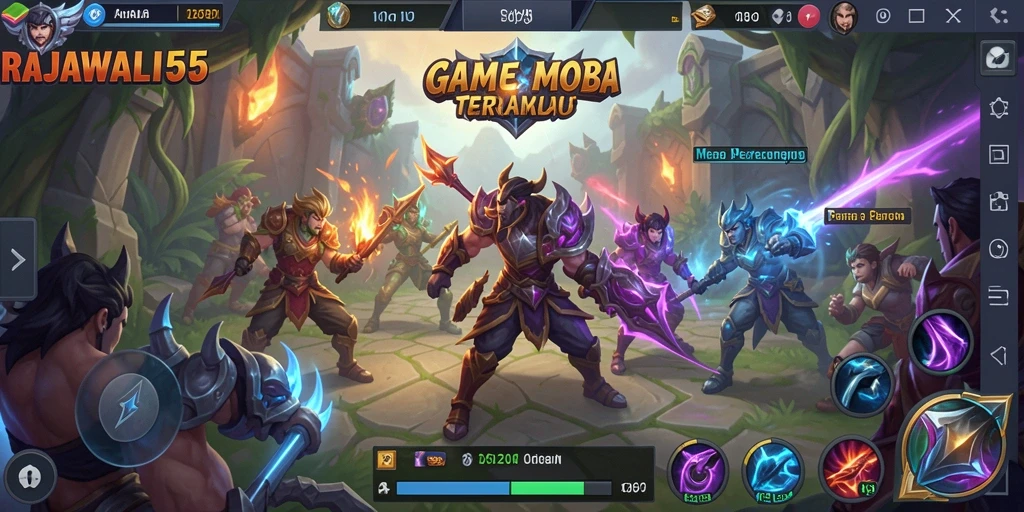 Tampilan seru dari permainan MOBA RAJAWALI55 dengan karakter bertarung.