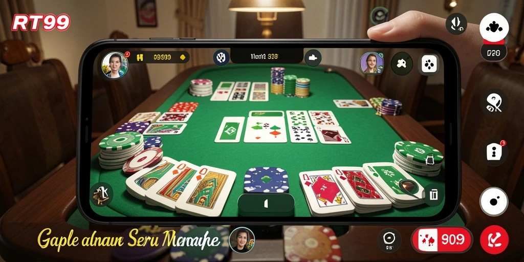 Screenshot utama RT99 menunjukkan gameplay Gaple yang seru.