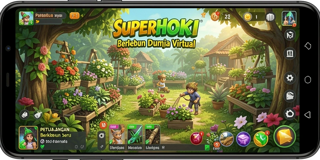 Gambaran gameplay SUPERHOKI yang menampilkan kebun yang subur dan beragam tanaman.